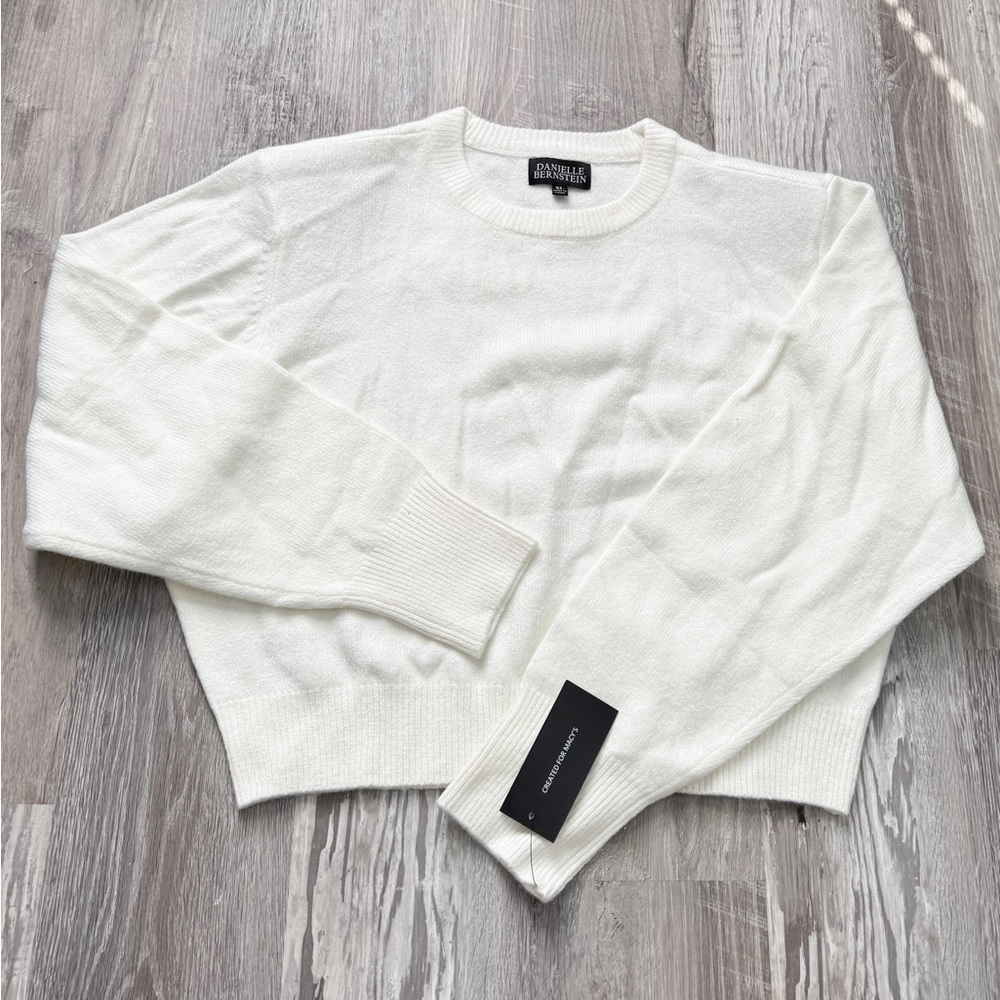 Classic White ivory Crew Neck Sweater Cropped Shoulder-Pad Knit Sweater XL